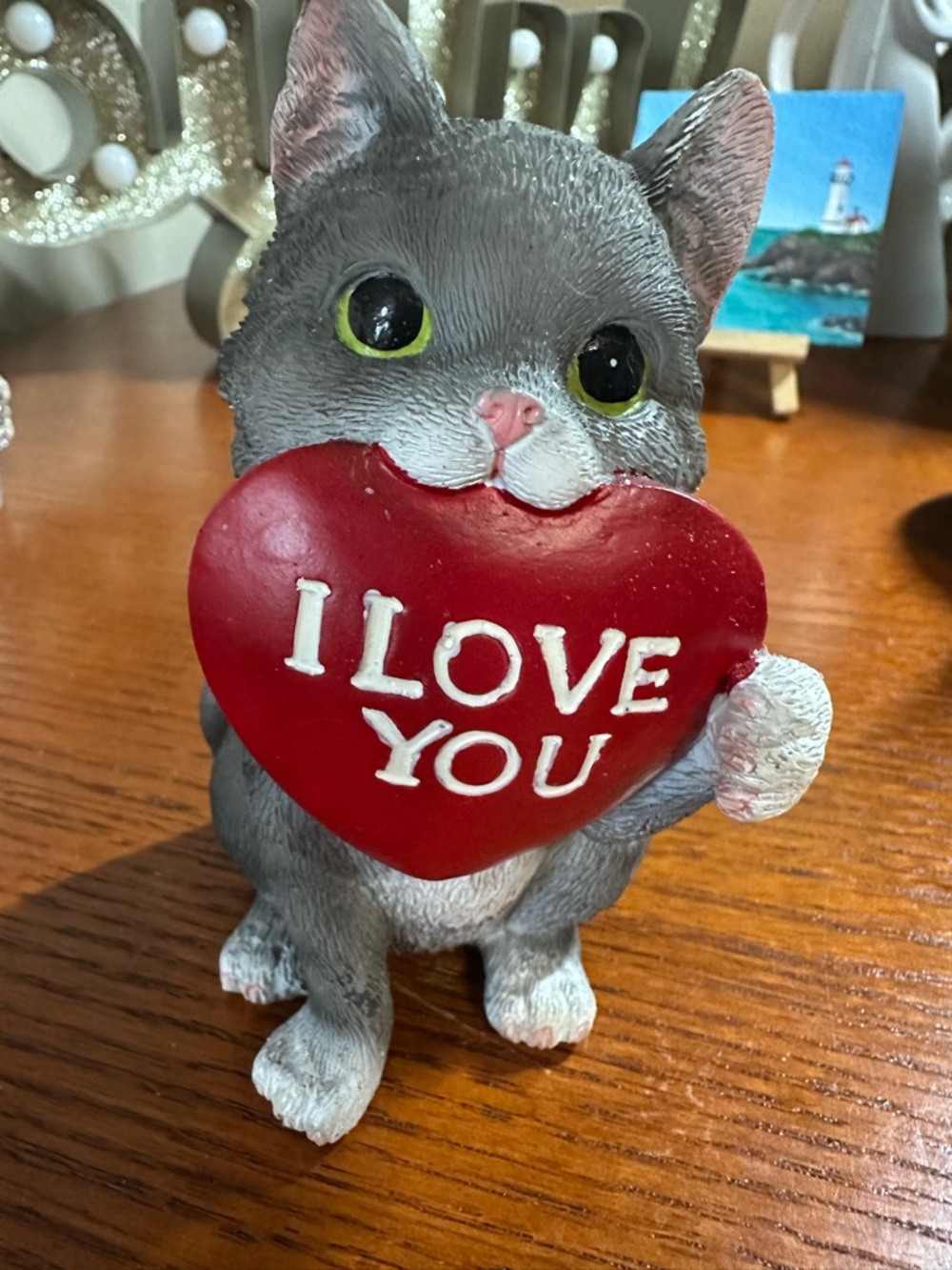 Gray Cat Figurine Holding Red "I Love You" Heart
